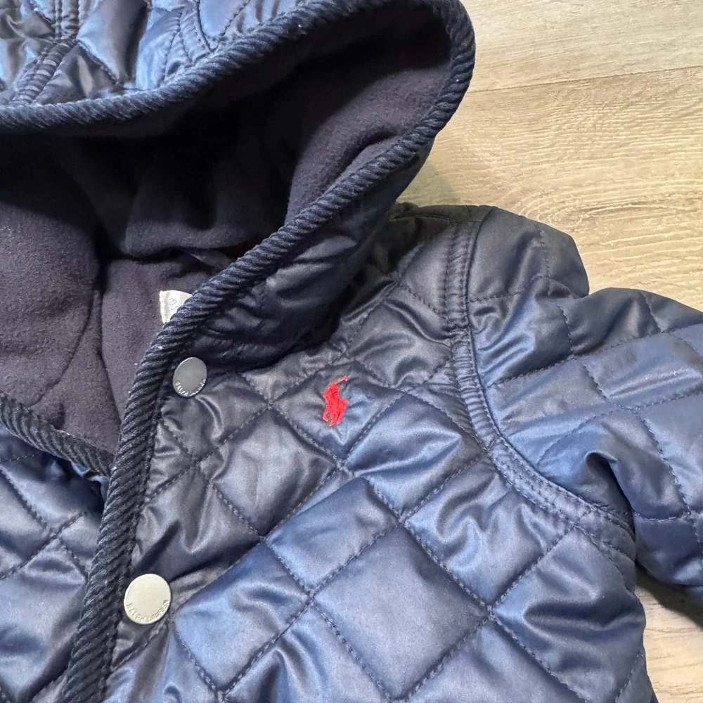 Ralph Lauren Kids Navy Blue Quilted Bunting Snowsuit Hooded Fleece Lined 6M‎